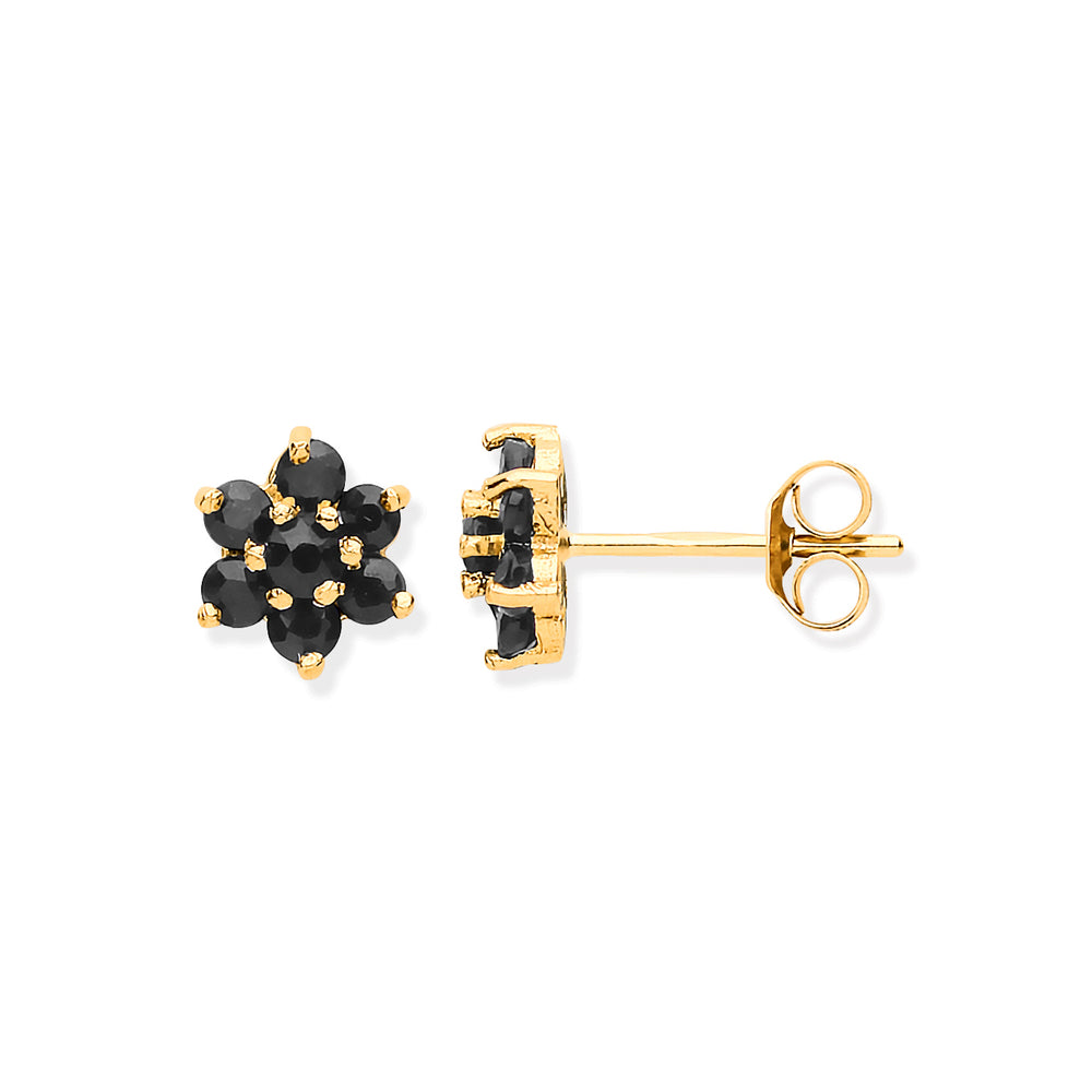 9ct Y/G Black Sapphire Flower Studs