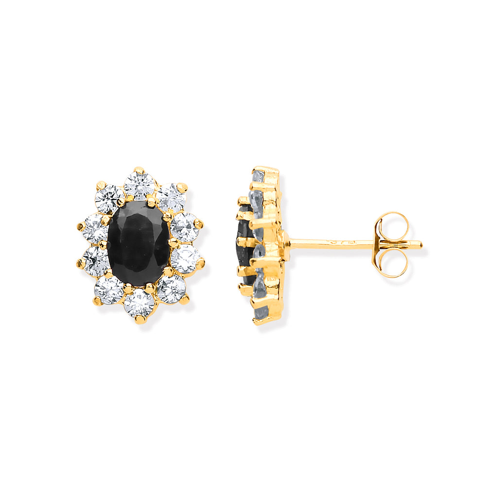 9ct Y/G Black Sapphire & CZs Cluster Studs