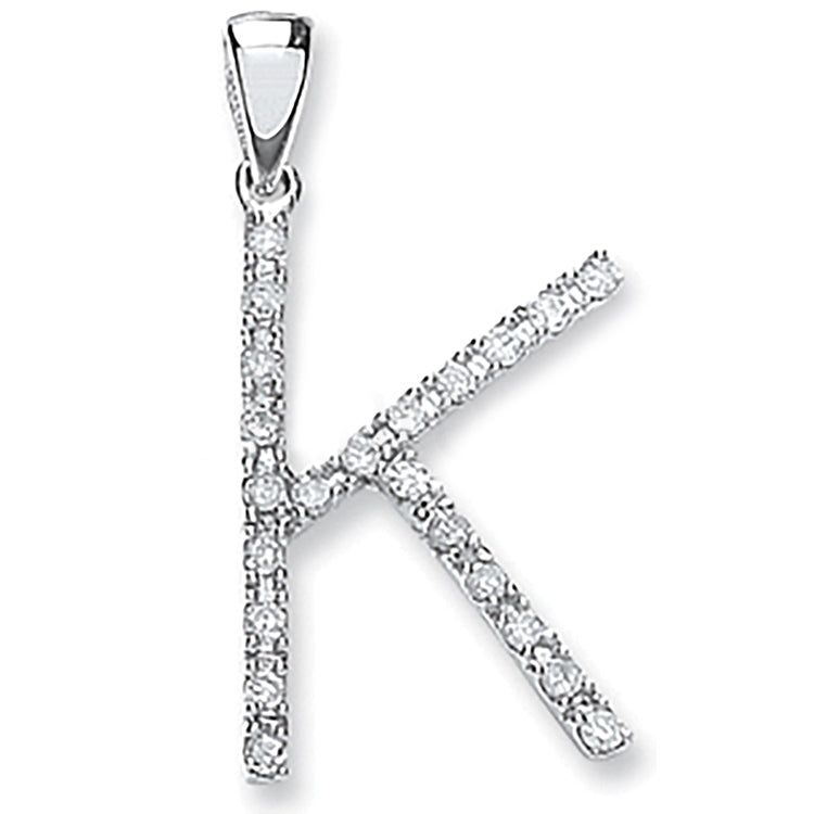 9ct White Gold 0.15ct Diamond K Letter Pendant