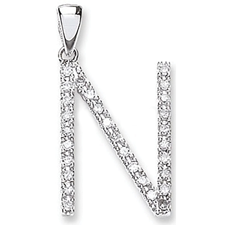 9ct White Gold 0.22ct Diamond N Letter Pendant