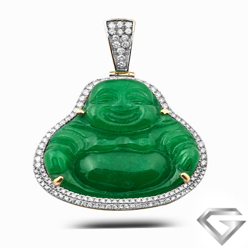 14K Yellow Gold 1.50ctw Diamond Pendant With 53.30ct Jade Buddha