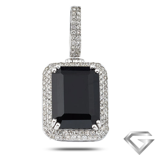 14K White Gold 1.25ctw Diamond Pendant With 12.62ct Black Gemstone