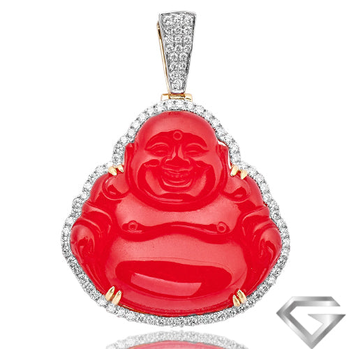 14K Yellow Gold 1.50ctw Diamond Pendant With 67.75ct Red Agate Buddha