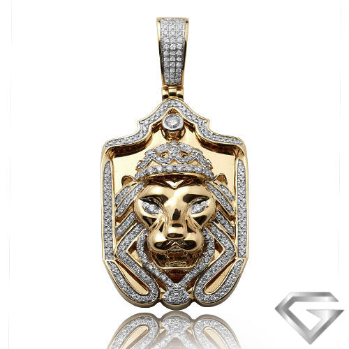 14K Yellow Gold 1.05ctw Diamond Lion Head With Crown Dogtag Pendant