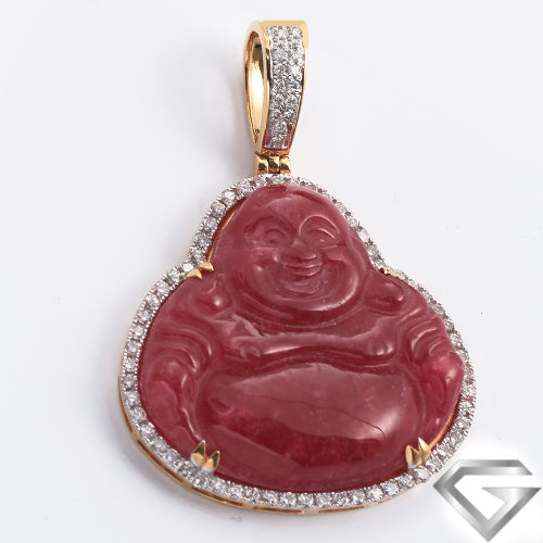 14K Yellow Gold 1.00ctw Diamond Buddha Pendant - 50.0ct Pink Jade