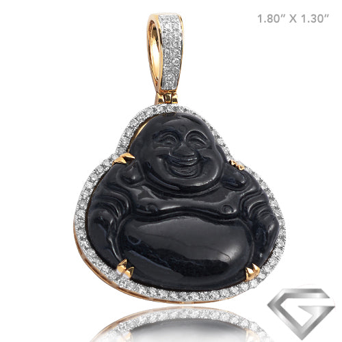 14K Yellow Gold 1.00ctw Diamond Buddha Pendant - 50.0ct Black Jade