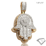 14K Yellow Gold 1.00ctw Diamond Hamza Pendant - Round Cluster - Baguette Diamond Fingers