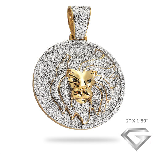 10K Yellow Gold 4.15ctw Diamond Wavy Mane Lion Head Medallion - Black Diamond Eyes