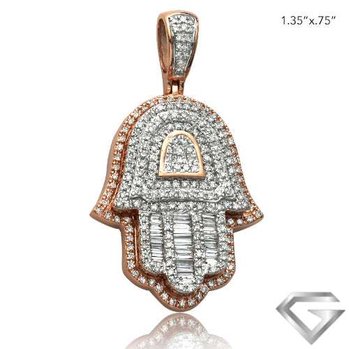 14K Rose Gold 1.00ctw Diamond Hamza Pendant - Baguette Diamond Fingers