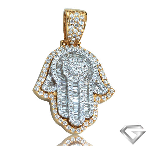 14K Yellow Gold & White Gold 2.00ctw Two Tone Diamond Hamzah Pendant - Baguette Diamond Fingers