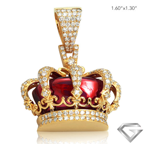 10K Yellow Gold 2.85ctw Diamond Crown Pendant - Red Enamel