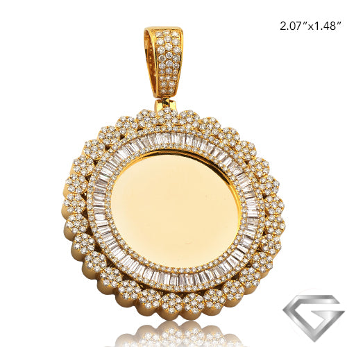 14K Yellow Gold 4.20ctw Baguette Diamond Memorial Pendant - Flower Cluster Border(Picture / Photo Pendants)