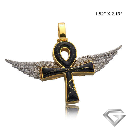 10K Yellow Gold & White 0.65ctw Diamond And Gold Quartz Ankh With Wings Pendant - Gold Quartz Bla