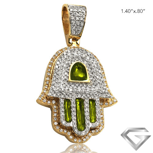 14K Yellow Gold 0.80ctw Diamond Hamza Pendant With Green Enamel