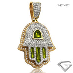 14K Yellow Gold 0.80ctw Diamond Hamza Pendant With Green Enamel