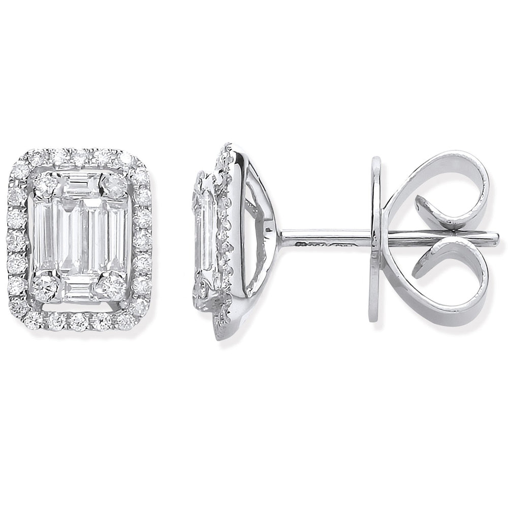 18ct White Gold 0.65ct Baguette & Brilliant Cut Diamond Rectangle Halo Earrings