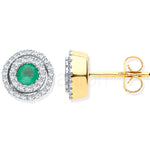 9ct Yellow Gold Double Halo Diamond & Emerald Round Stud Earrings