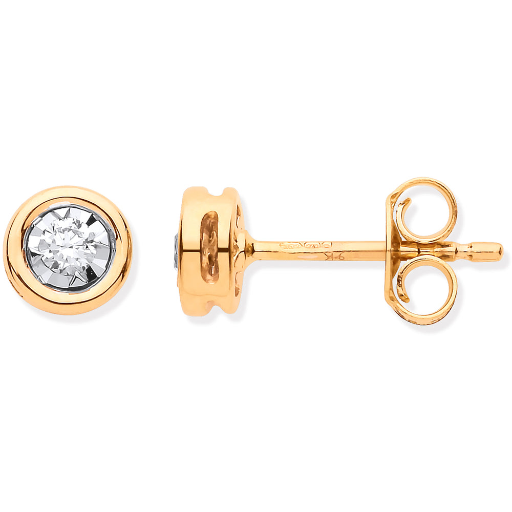 9ct Yellow Gold Rub-Over Illusion Set 0.10ctw Diamond Studs