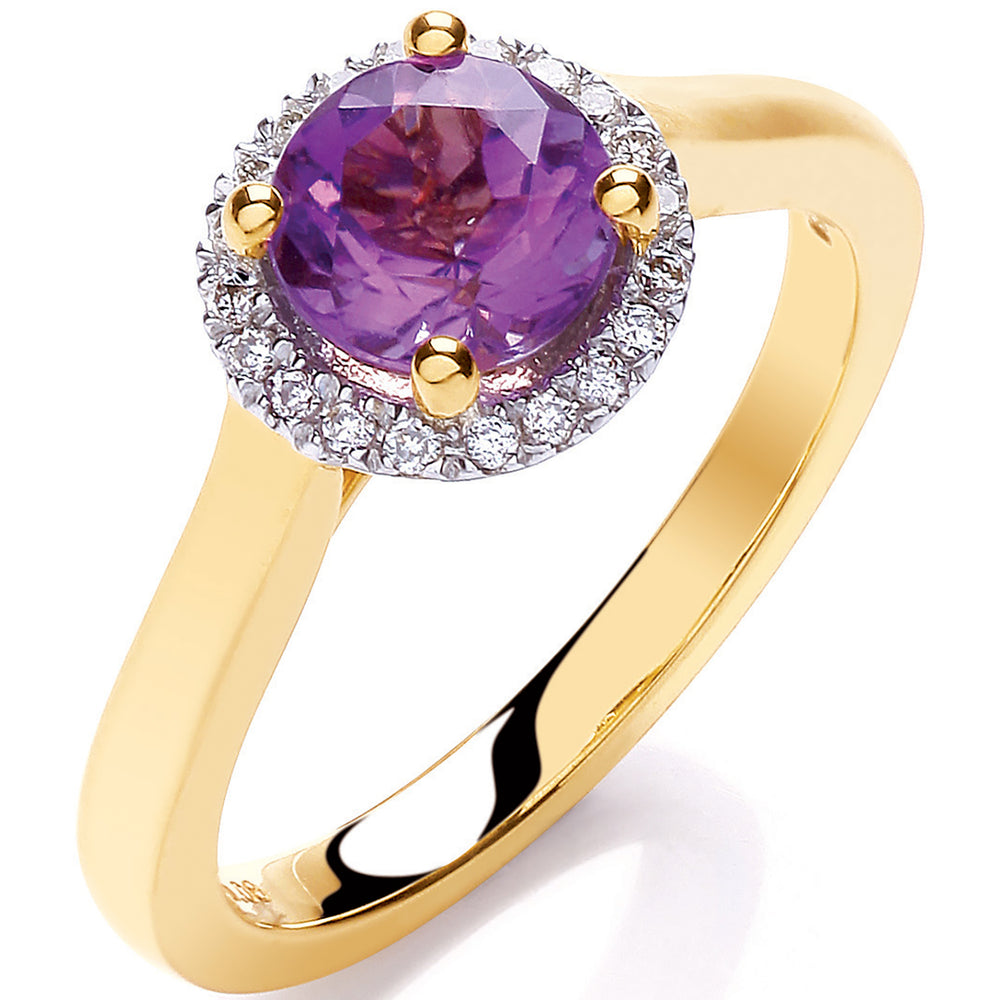 9ct Yellow Gold 0.08ct Diamond 1.00ct 6mm Amethyst Ring