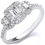 18ct White Gold Emerald Cut 0.75ct Halo style Trilogy Ring