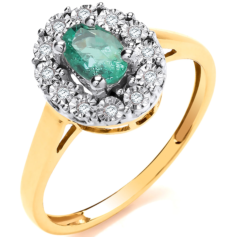 9ct Yellow Gold 0.40ct Emerald Cluster & 0.05ct Diamond Ring