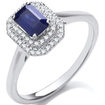 9ct White Gold Double 0.10ctw Diamond Halo Ring with 0.70ct Emerald Cut Sapphire