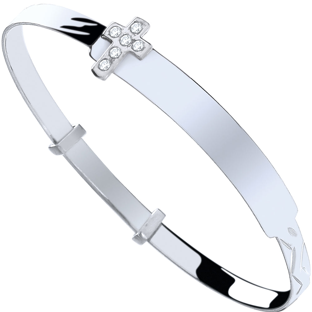 Silver Baby ID with Cubic Zirconia Cross Expandable Bangle