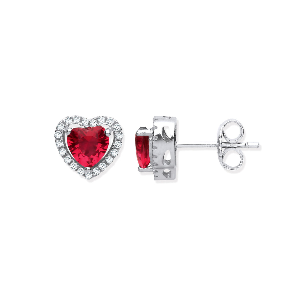 Silver Red Cubic Zirconia Halo Heart Stud Earrings