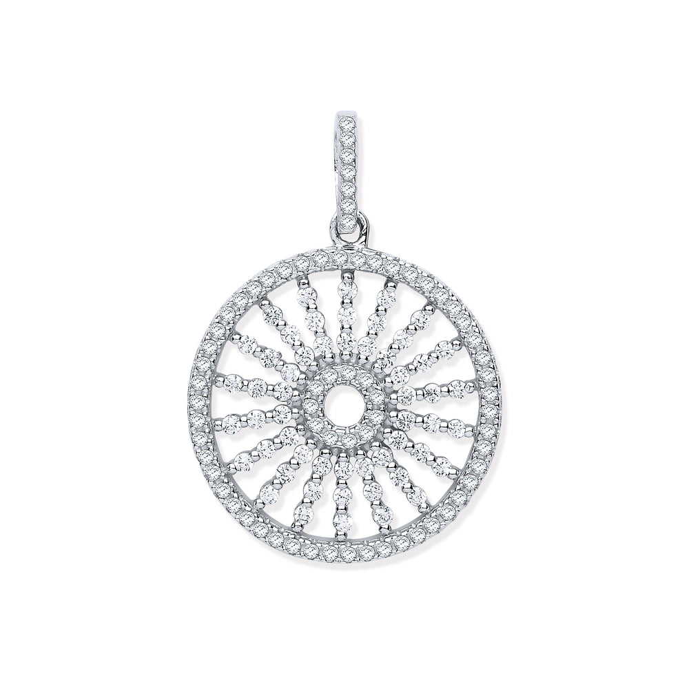 Silver Circle with Burst Lines Cubic Zirconia Pendant