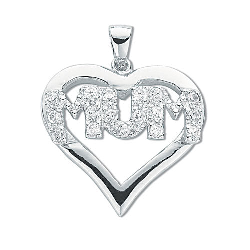 Silver Cubic Zirconia Heart Mum Pendant